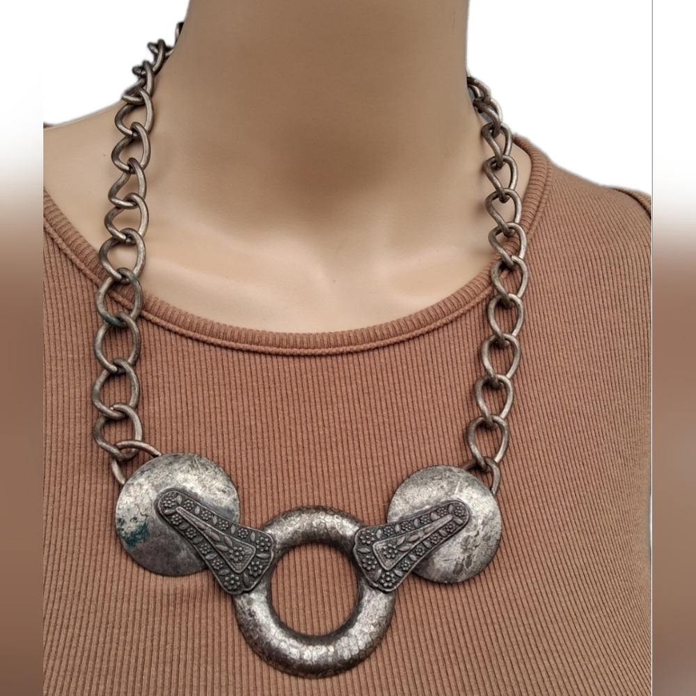 Vintage Brutalist Statement Necklace Hammered Mixed Metal Artisan 1970s Boho